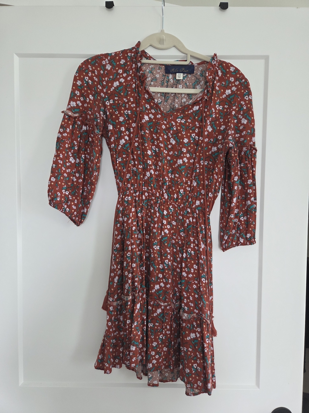 Blue Rain Rust Red Floral Midi Dress with Teal Accents